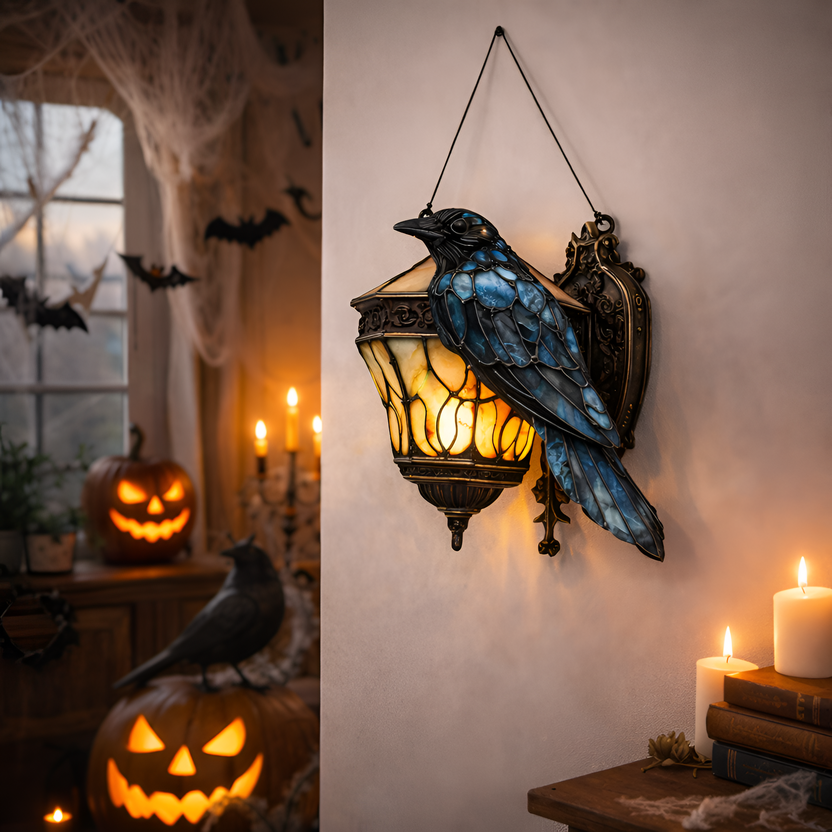 Faux Stained Glass Gothic Raven Lantern