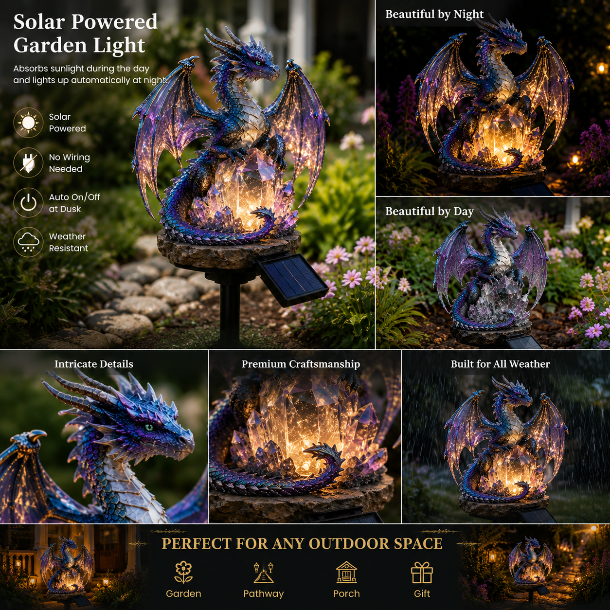 🐉Crystal Dragon Solar Garden Stake Light | Fantasy Themed Outdoor Landscape Decor Lamp