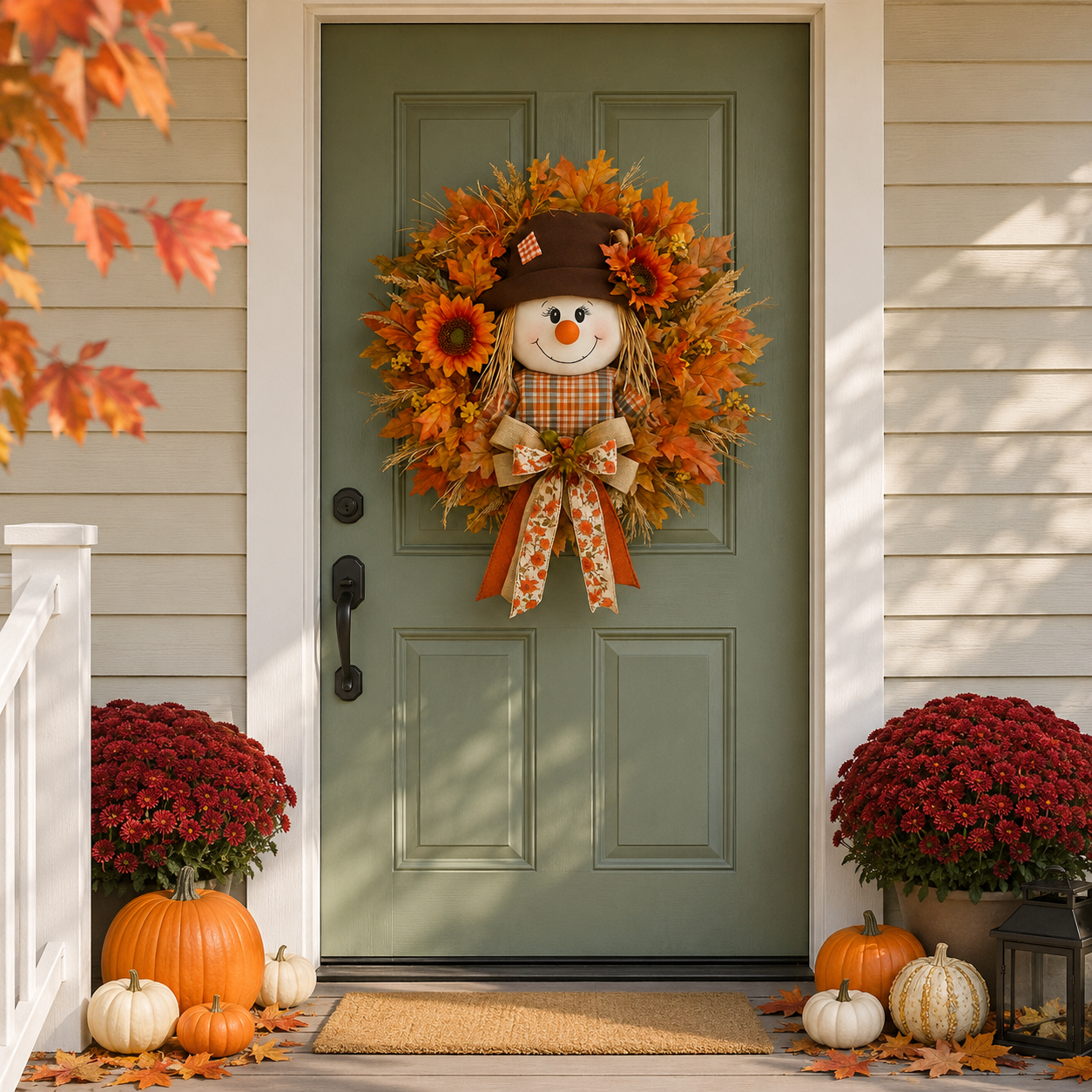 🍁 Fall Favorite – Lighted Scarecrow Front Door Wreath