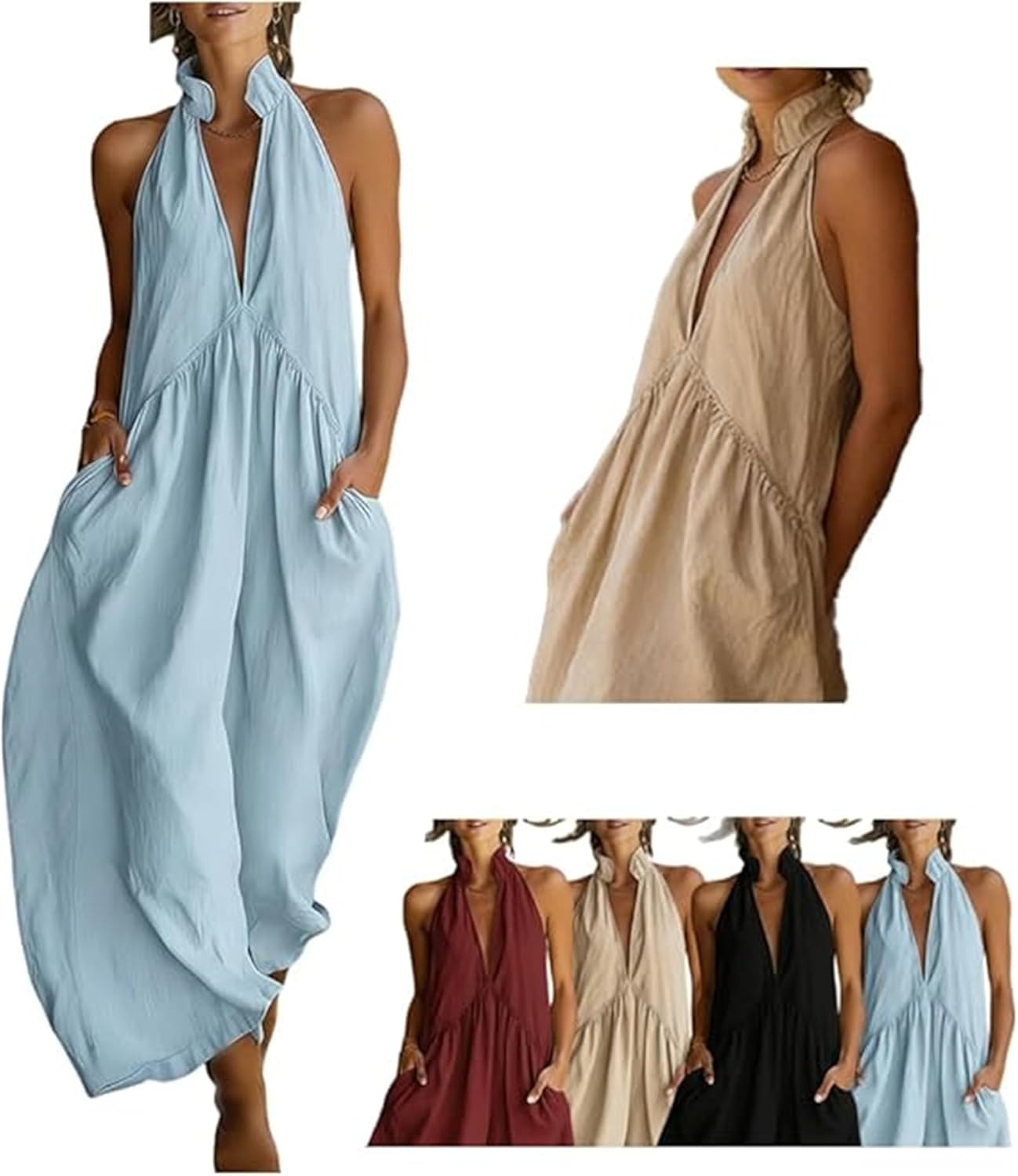Limited 50% Discount | Summer Halter Neck Maxi Dress, Loose Casual Design with Practical Pockets