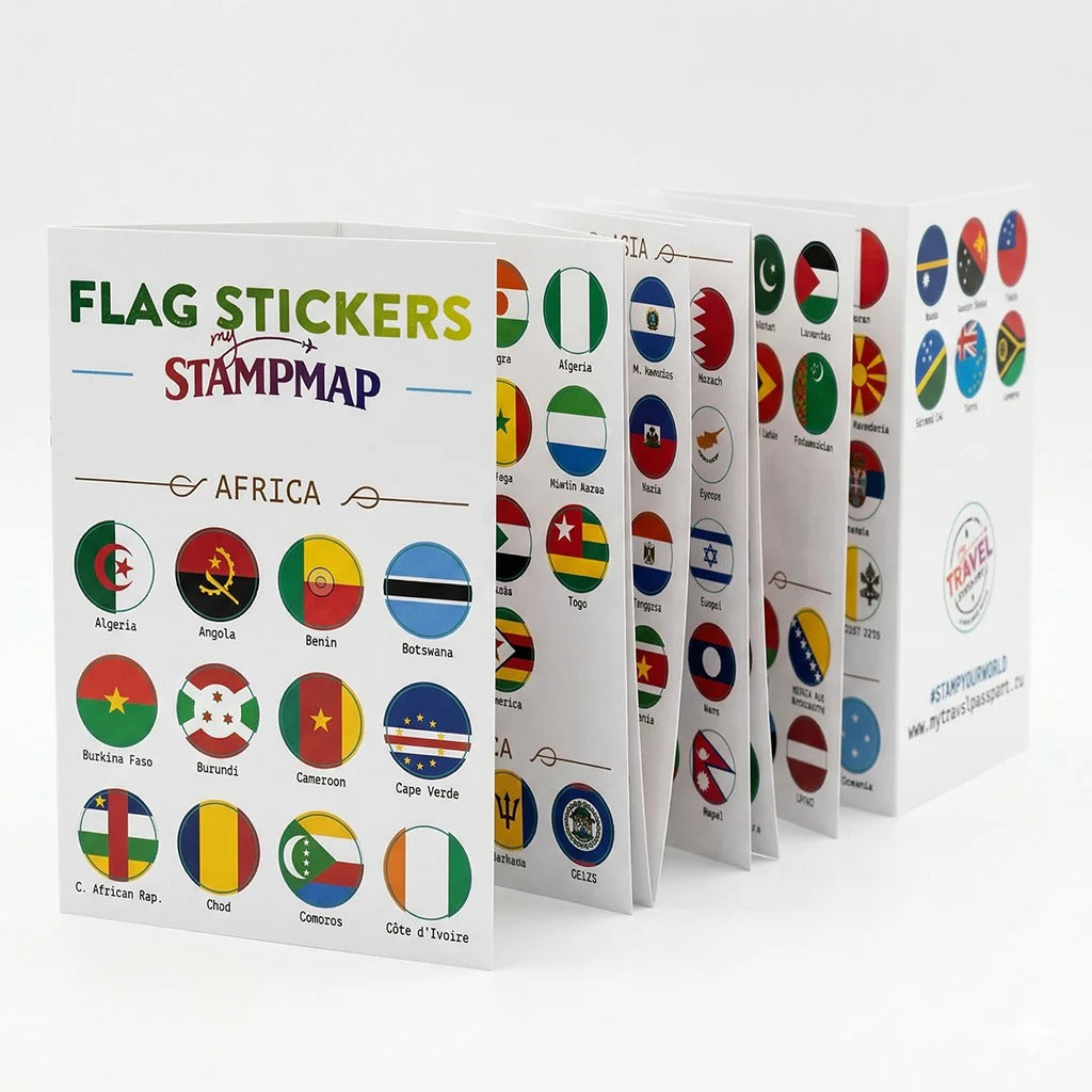 World Travel Map With National Flags and Stamps