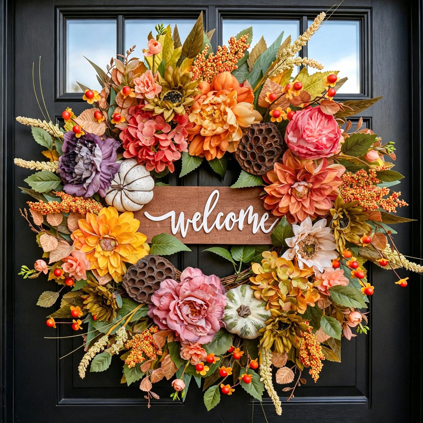 🍁 18 Inch Autumn Harvest Wreath - Dahlia & Pumpkin Front Door Decor