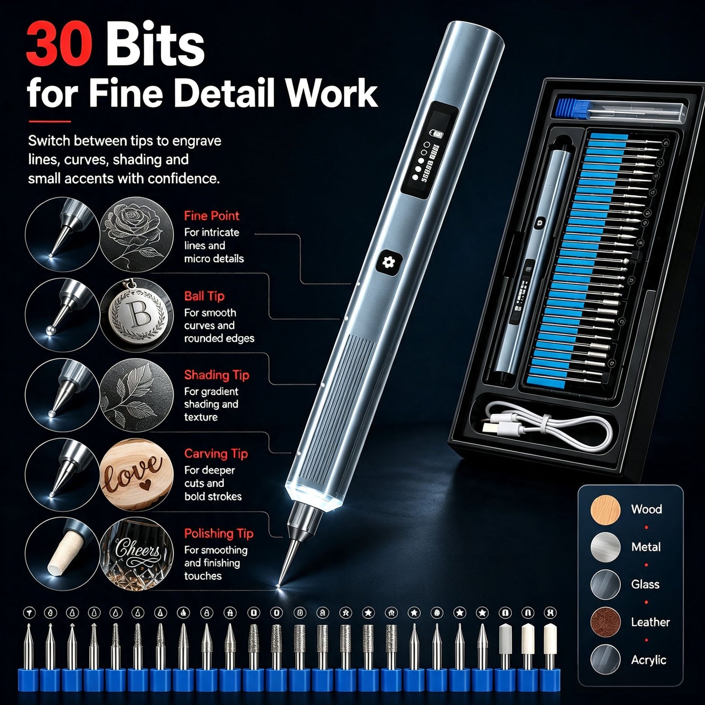 ⚡Engraving Pen with LED Lights, 5 Variable Speed