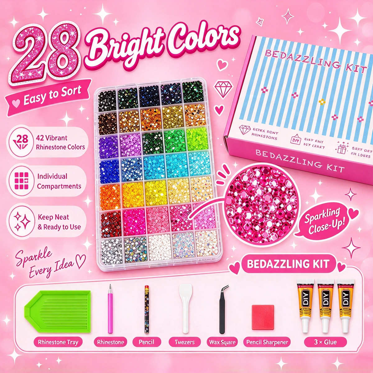 dht™⭐Glitter Rhinestone Bedazzling Kit – 28-Color Resin Rhinestones for DIY Crafting
