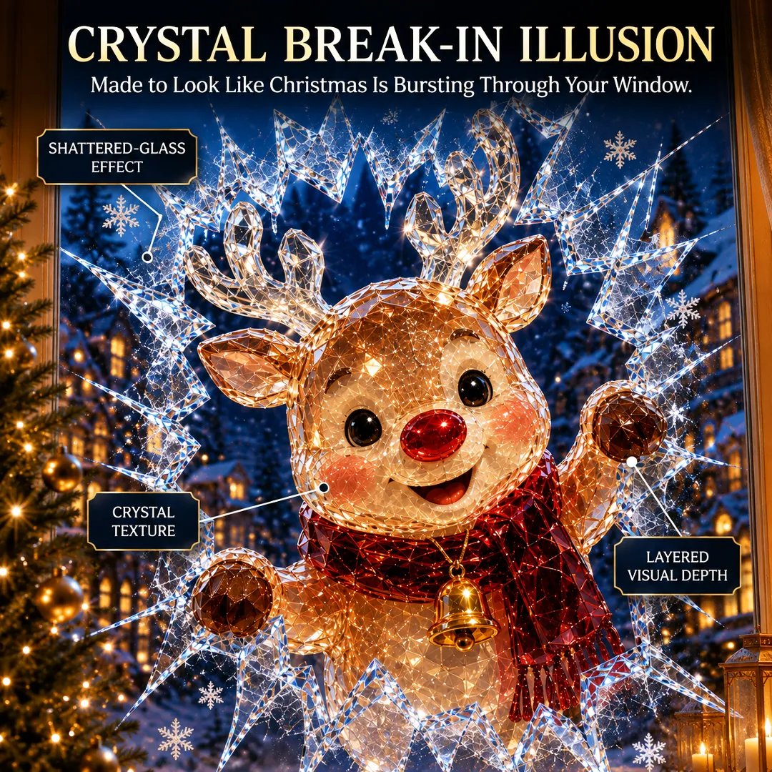 ✨🎄Crystal Christmas Break-In Window Decal — 3D Shattered-Glass Holiday Window Decoration