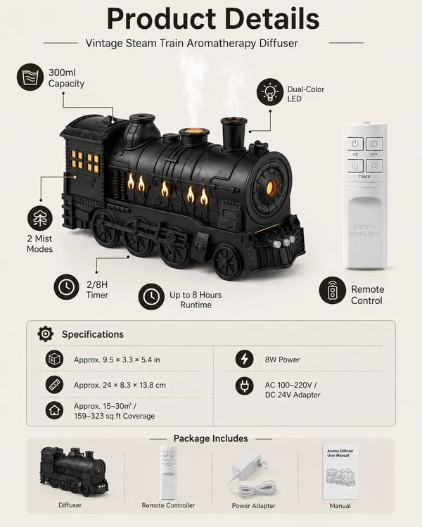 🚂Vintage Steam Train Humidifier Aromatherapy Diffuser with LED Light