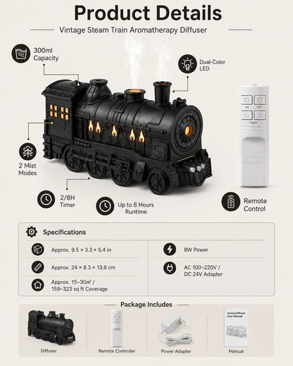 🚂Vintage Steam Train Humidifier Aromatherapy Diffuser with LED Light