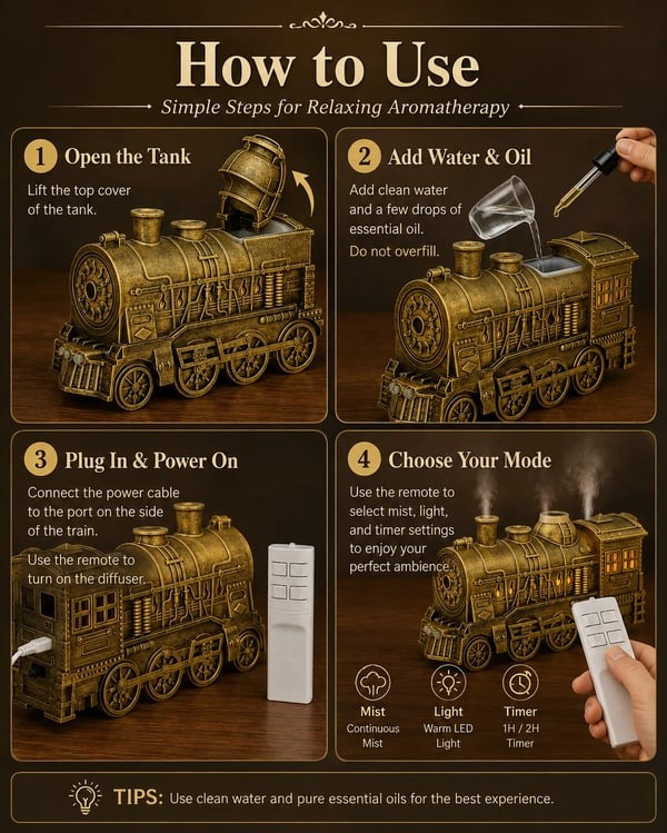 🚂Vintage Steam Train Humidifier Aromatherapy Diffuser with LED Light