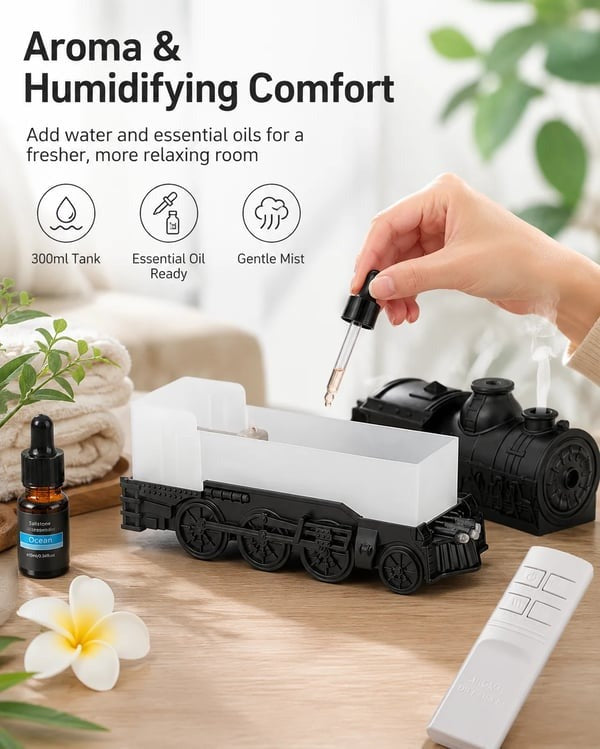🚂Vintage Steam Train Humidifier Aromatherapy Diffuser with LED Light