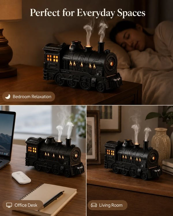 🚂Vintage Steam Train Humidifier Aromatherapy Diffuser with LED Light