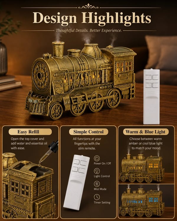 🚂Vintage Steam Train Humidifier Aromatherapy Diffuser with LED Light