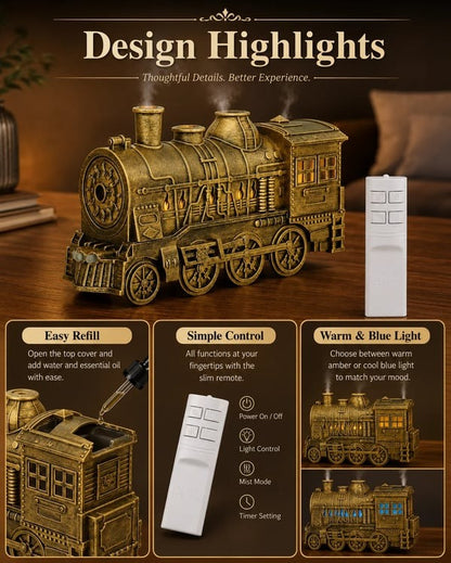 🚂Vintage Steam Train Humidifier Aromatherapy Diffuser with LED Light
