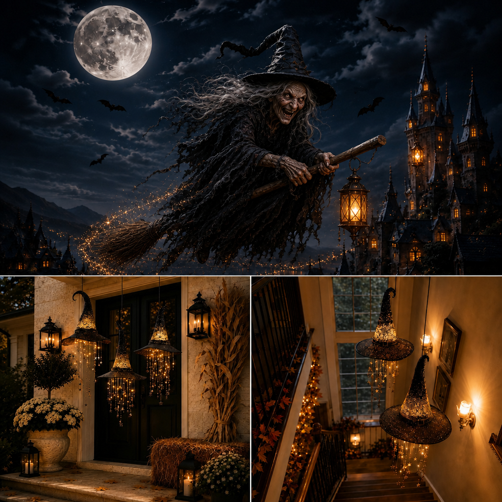 🧙‍♀️Lighted Witch Hat Hanging Chime-Waterproof Halloween Hanging Decor with Auto Timer, Tangle-Resistant Light Strands & Mounting Hooks Included