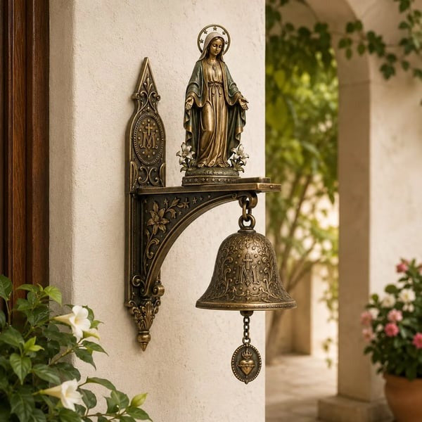 🙏 Catholic Bronze Wall Bell — Our Lady of Grace & Miraculous Medal