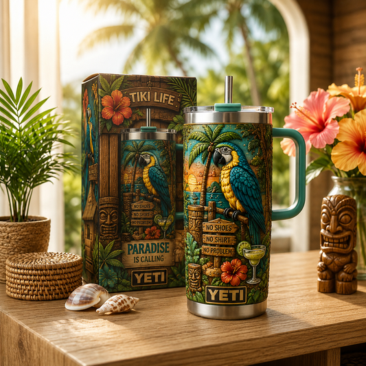 🌴Personalized Tiki Life Tropical Parrot Beach 40oz Handle Tumbler