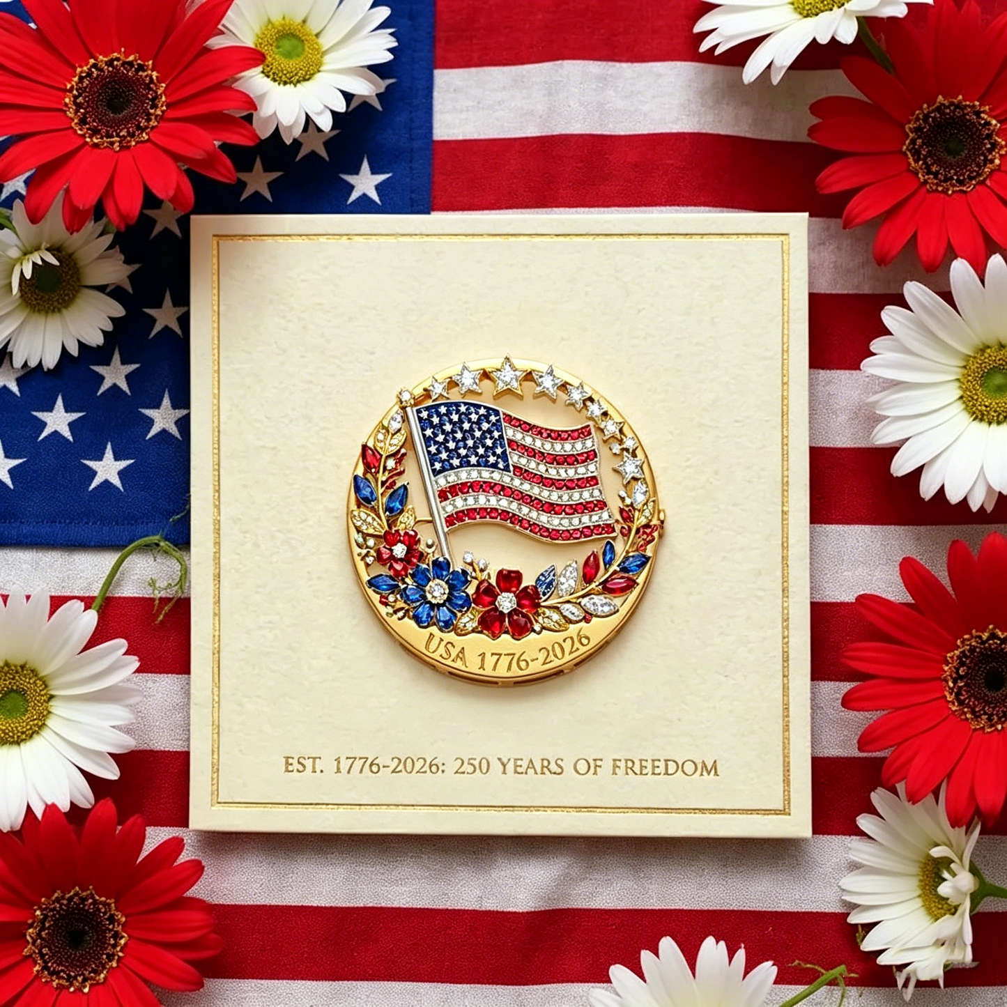 USA 250th Anniversary Commemorative American Flag Rhinestone Brooch