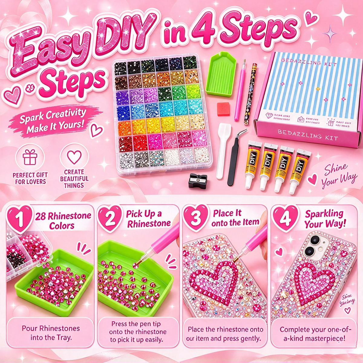 dht™⭐Glitter Rhinestone Bedazzling Kit – 28-Color Resin Rhinestones for DIY Crafting