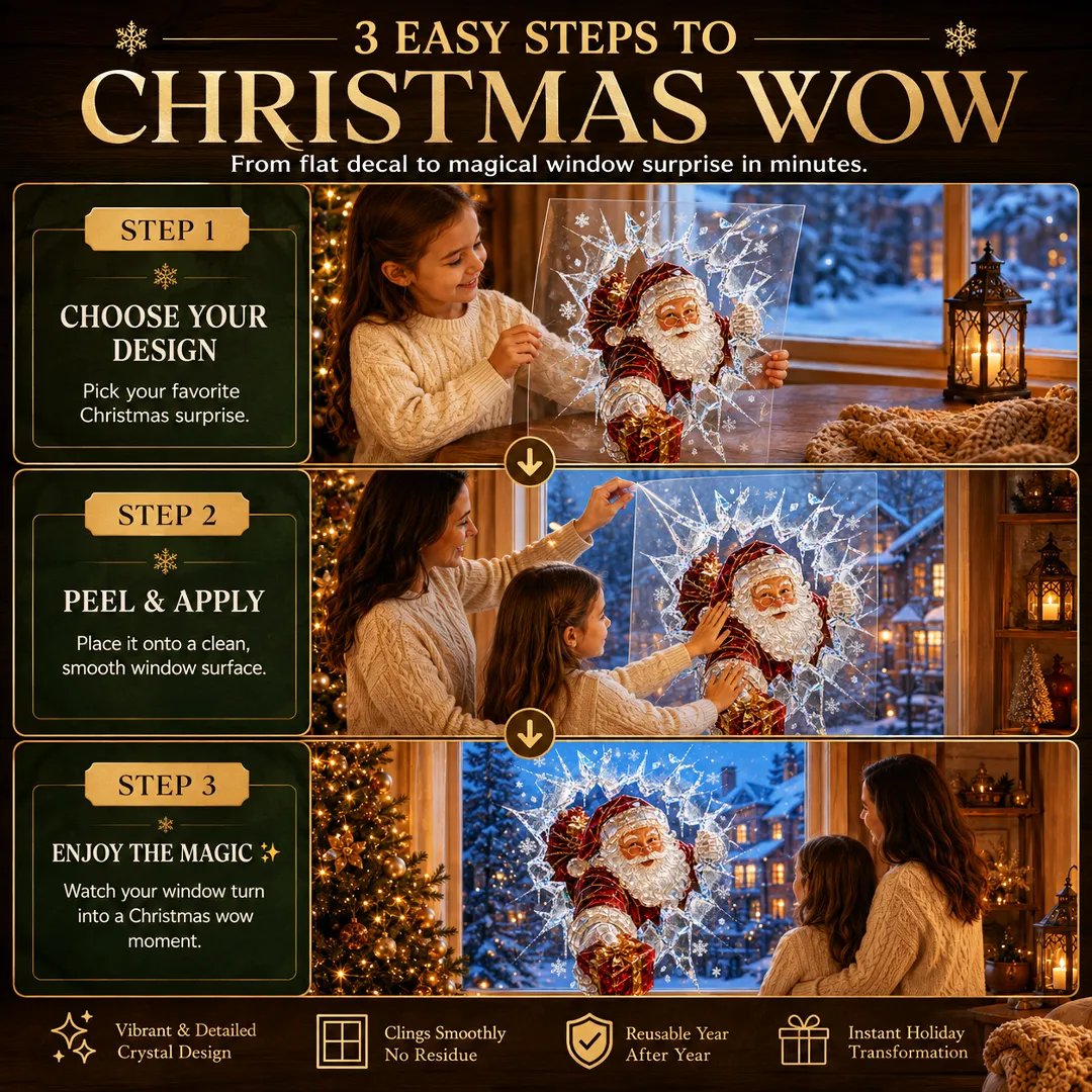 ✨🎄Crystal Christmas Break-In Window Decal — 3D Shattered-Glass Holiday Window Decoration