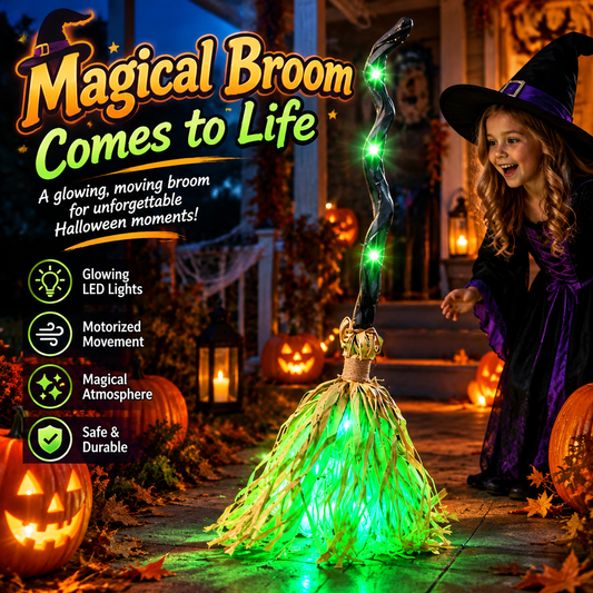dht™⭐Halloween Animated Moving Witch Broom Light‑Sound‑Motion