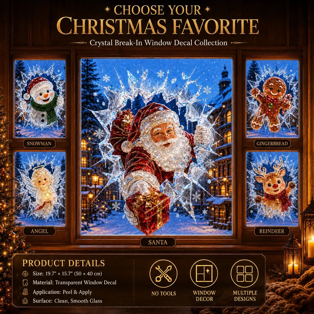 ✨🎄Crystal Christmas Break-In Window Decal — 3D Shattered-Glass Holiday Window Decoration