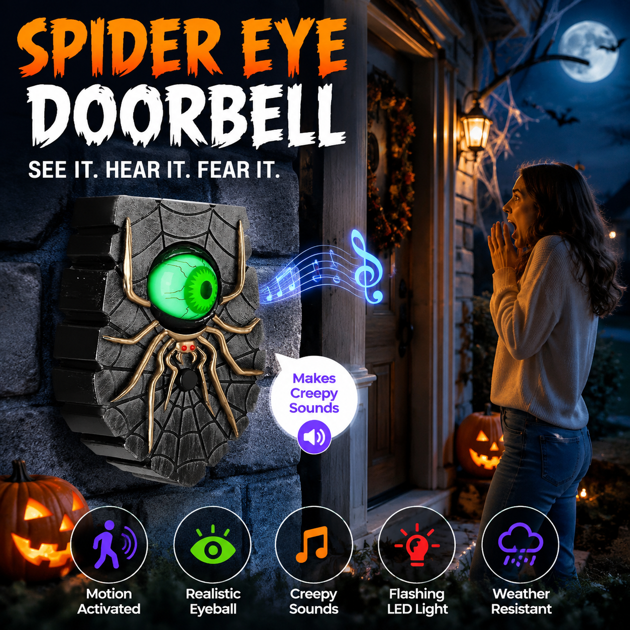 👻 Halloween Horror Spider Doorbell – Moving Eyeball & Glow