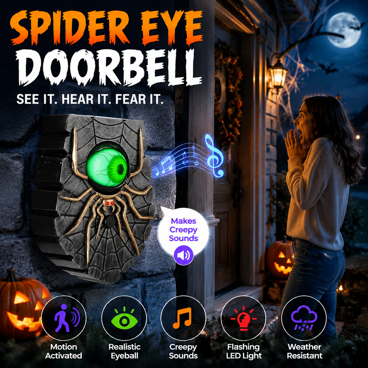👻 Halloween Horror Spider Doorbell – Moving Eyeball & Glow