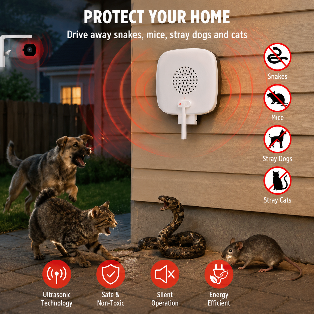 Smart surveillance camera with rat and snake deterrent functions