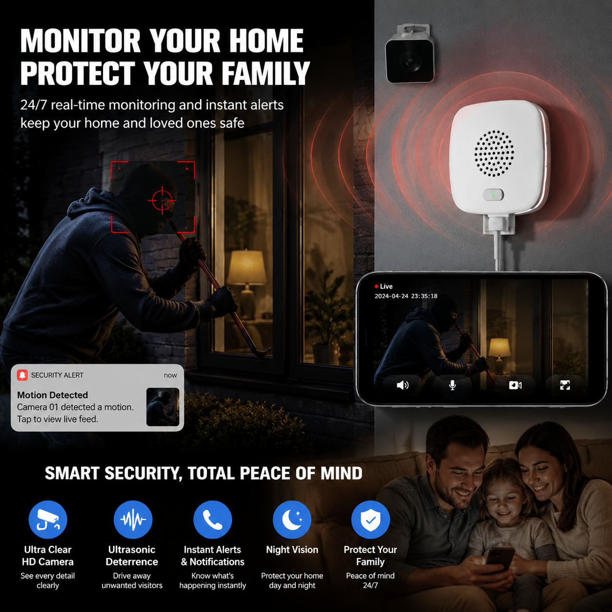 Smart surveillance camera with rat and snake deterrent functions