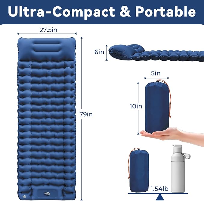 Ultralight Inflatable Sleeping Pad for Camping with Pillow Built-in Foot Pump