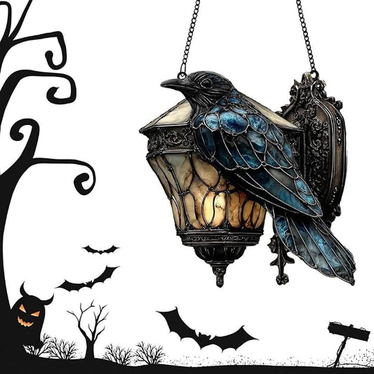 Faux Stained Glass Gothic Raven Lantern