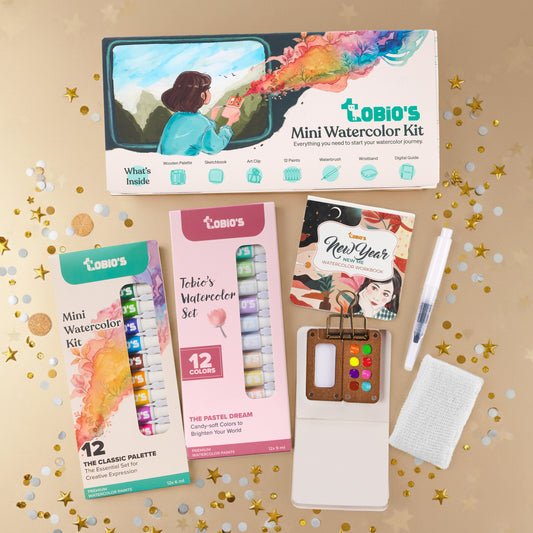 Complete Mini Watercolor Kit – 12 Vibrant Colors Portable Painting Set with Brush, Wooden Palette & Sketchbook