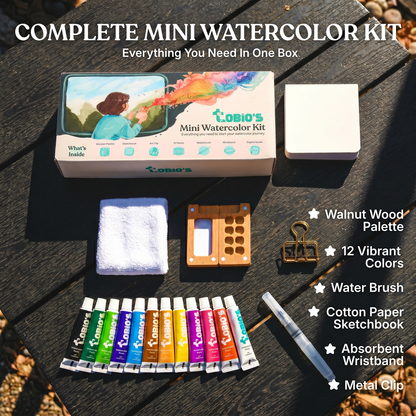 Complete Mini Watercolor Kit – 12 Vibrant Colors Portable Painting Set with Brush, Wooden Palette & Sketchbook