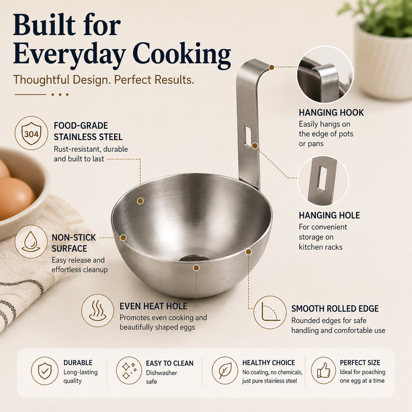 🍳 Stainless Steel Egg Poacher Cup – Hanging Pan Egg Cooker for Perfect Round Eggs