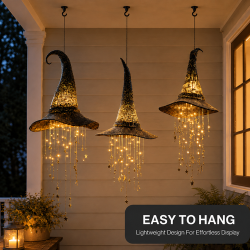 🧙‍♀️Lighted Witch Hat Hanging Chime-Waterproof Halloween Hanging Decor with Auto Timer, Tangle-Resistant Light Strands & Mounting Hooks Included