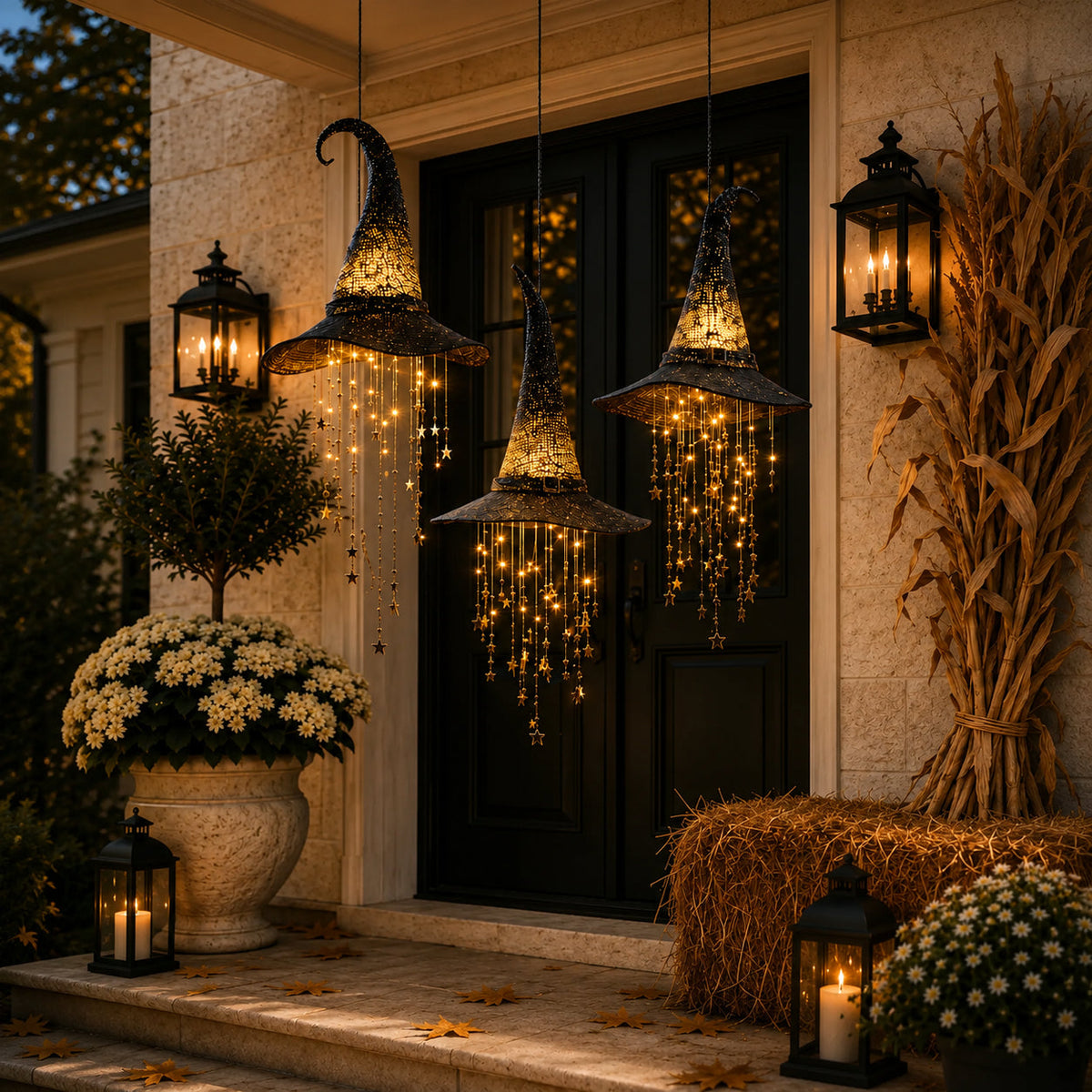 🧙‍♀️Lighted Witch Hat Hanging Chime-Waterproof Halloween Hanging Decor with Auto Timer, Tangle-Resistant Light Strands & Mounting Hooks Included