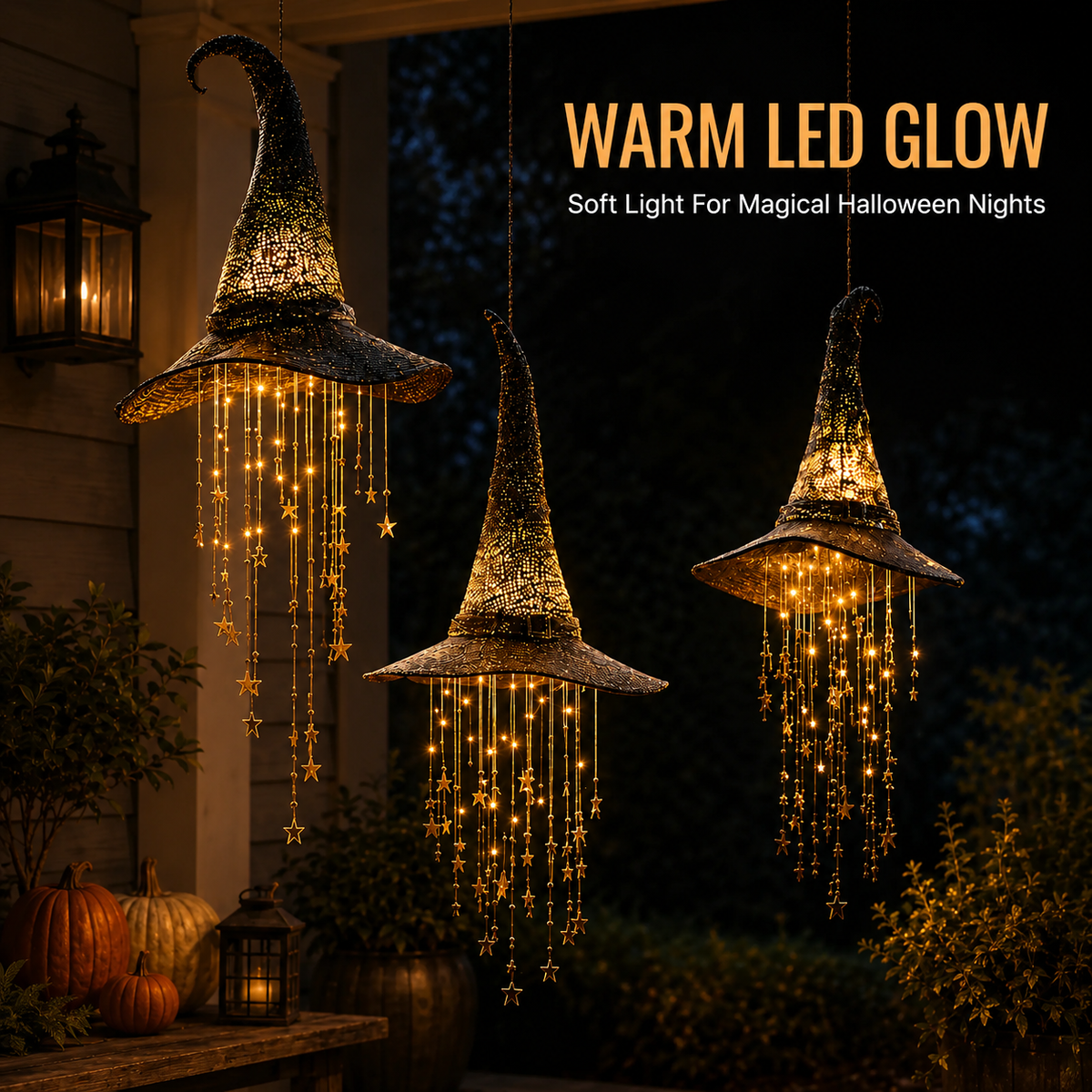 🧙‍♀️Lighted Witch Hat Hanging Chime-Waterproof Halloween Hanging Decor with Auto Timer, Tangle-Resistant Light Strands & Mounting Hooks Included