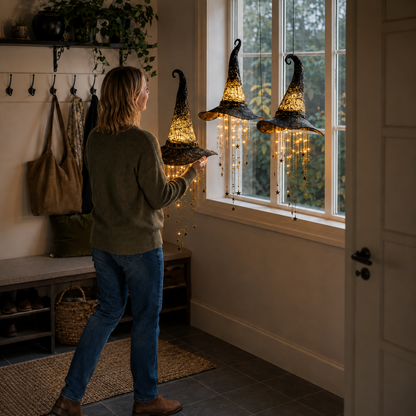 🧙‍♀️Lighted Witch Hat Hanging Chime-Waterproof Halloween Hanging Decor with Auto Timer, Tangle-Resistant Light Strands & Mounting Hooks Included