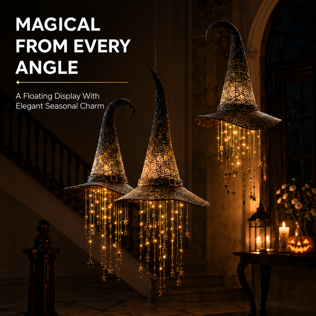 🧙‍♀️Lighted Witch Hat Hanging Chime-Waterproof Halloween Hanging Decor with Auto Timer, Tangle-Resistant Light Strands & Mounting Hooks Included