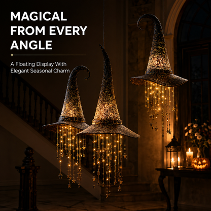 🧙‍♀️Lighted Witch Hat Hanging Chime-Waterproof Halloween Hanging Decor with Auto Timer, Tangle-Resistant Light Strands & Mounting Hooks Included