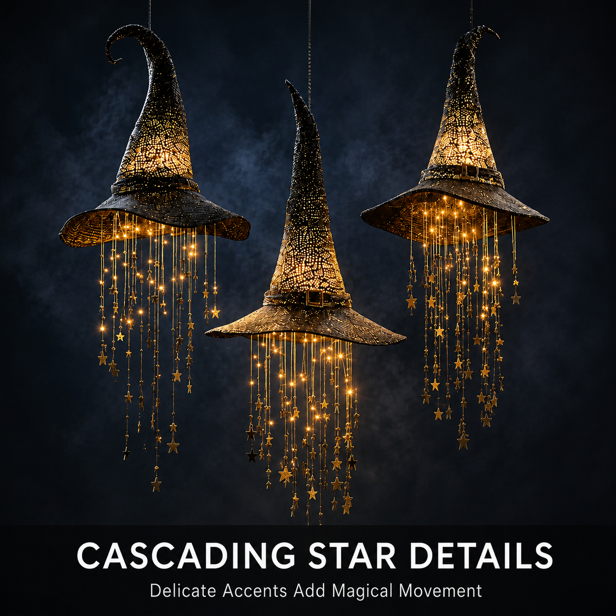 🧙‍♀️Lighted Witch Hat Hanging Chime-Waterproof Halloween Hanging Decor with Auto Timer, Tangle-Resistant Light Strands & Mounting Hooks Included