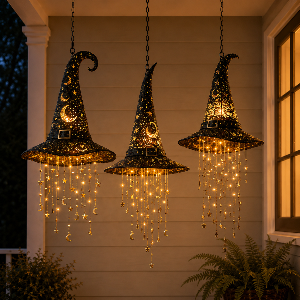 🧙‍♀️Lighted Witch Hat Hanging Chime-Waterproof Halloween Hanging Decor with Auto Timer, Tangle-Resistant Light Strands & Mounting Hooks Included