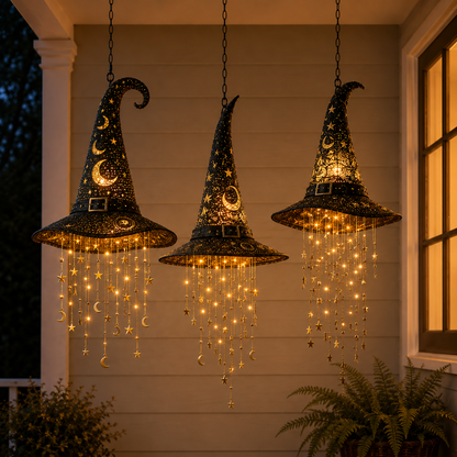 🧙‍♀️Lighted Witch Hat Hanging Chime-Waterproof Halloween Hanging Decor with Auto Timer, Tangle-Resistant Light Strands & Mounting Hooks Included