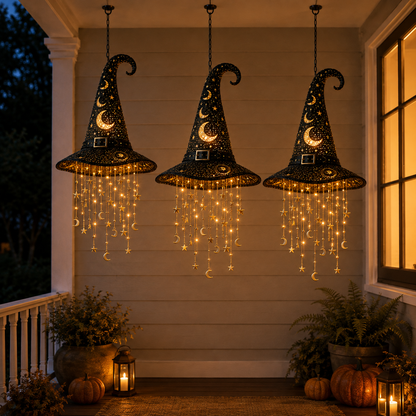 🧙‍♀️Lighted Witch Hat Hanging Chime-Waterproof Halloween Hanging Decor with Auto Timer, Tangle-Resistant Light Strands & Mounting Hooks Included