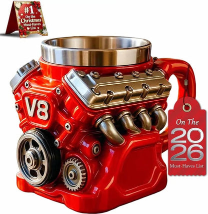 🌟Engine-themed coffee mug, realistic V8 engine stainless steel mug