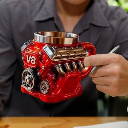 🌟Engine-themed coffee mug, realistic V8 engine stainless steel mug