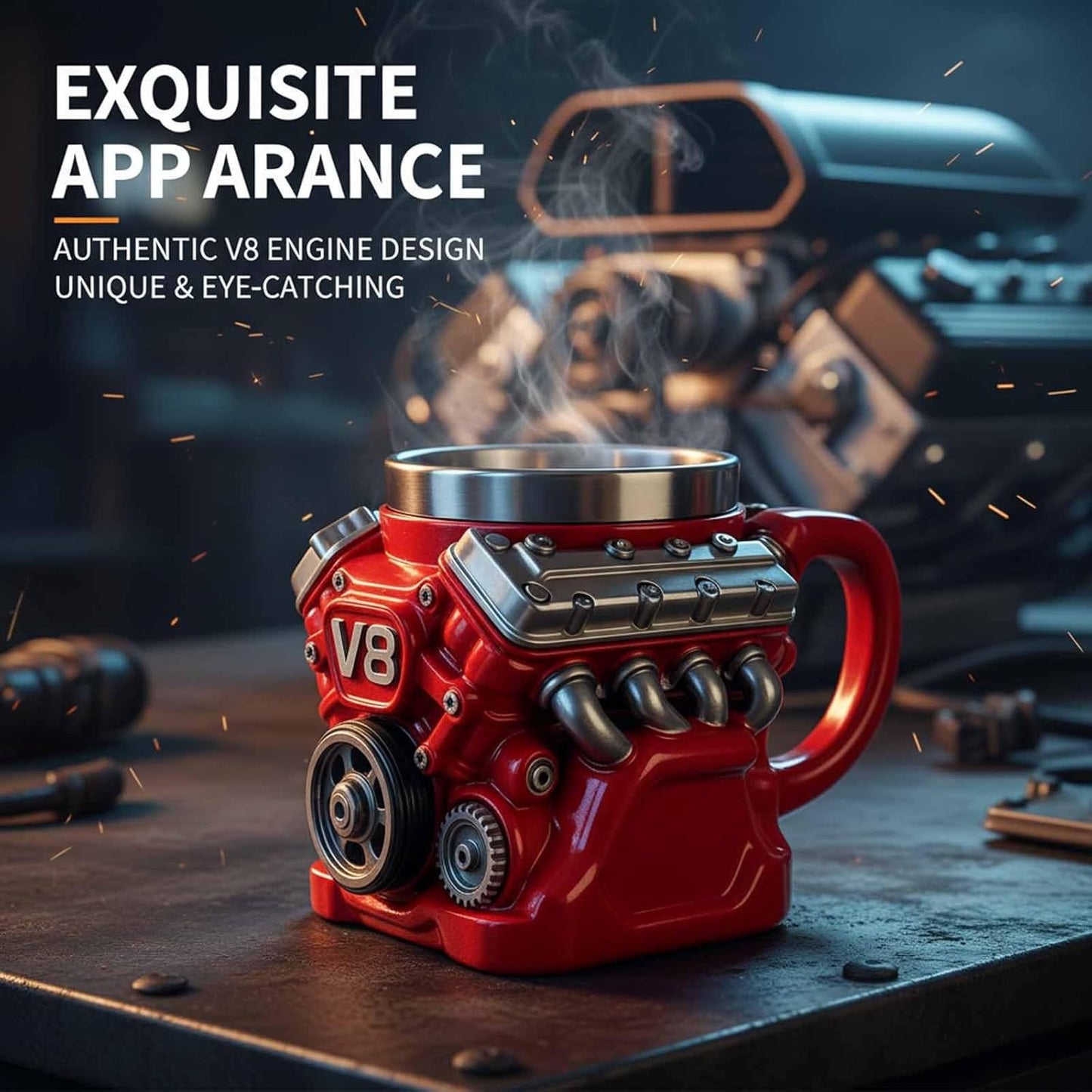 🌟Engine-themed coffee mug, realistic V8 engine stainless steel mug