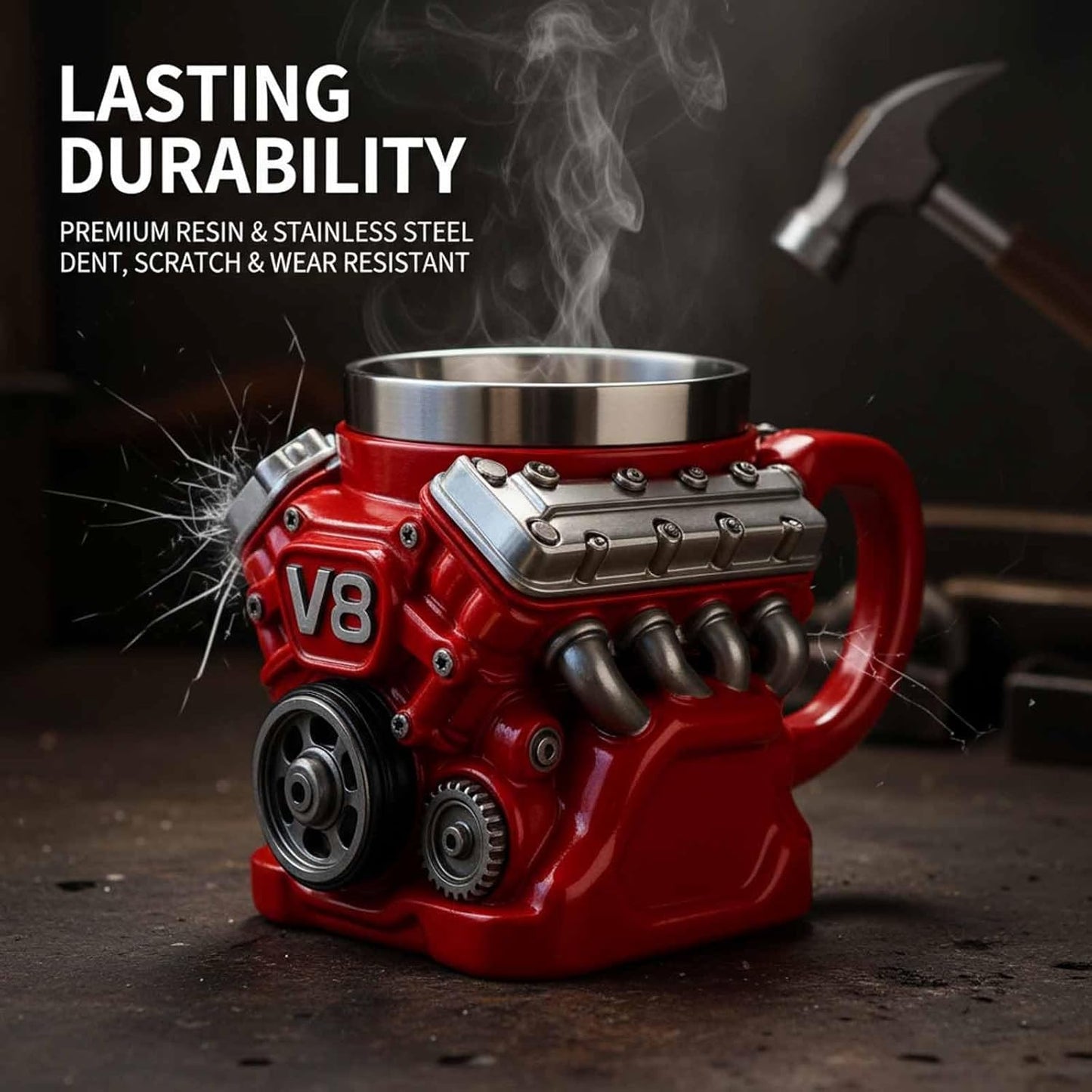 🌟Engine-themed coffee mug, realistic V8 engine stainless steel mug