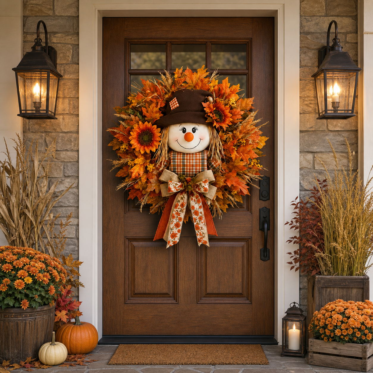 🍁 Fall Favorite – Lighted Scarecrow Front Door Wreath