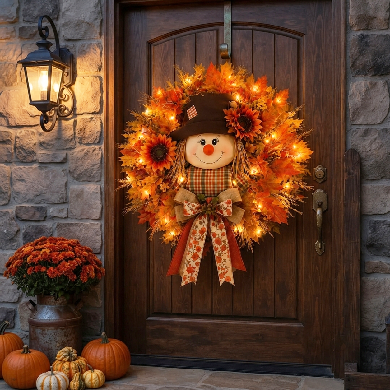 🍁 Fall Favorite – Lighted Scarecrow Front Door Wreath