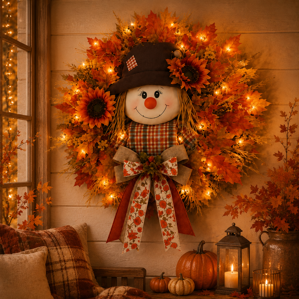 🍁 Fall Favorite – Lighted Scarecrow Front Door Wreath